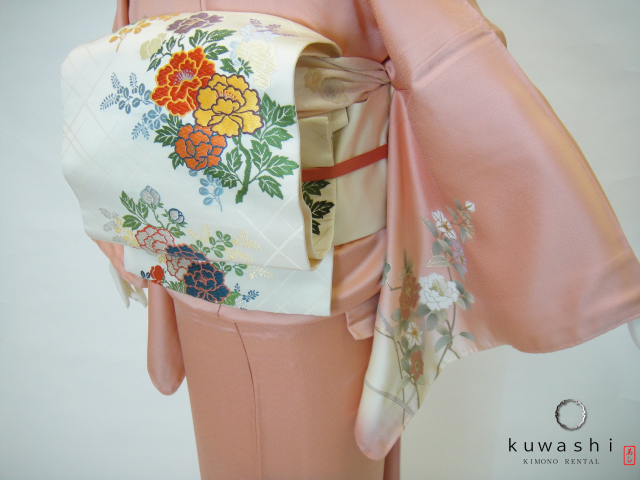 美品＊美色】やわらかコーラルの訪問着 トールサイズ 正絹 袋帯 美品