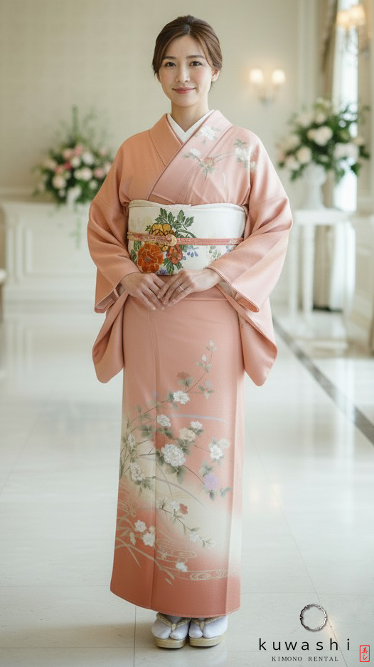クワシ着物レンタル コーラルピンク地紋正絹訪問着