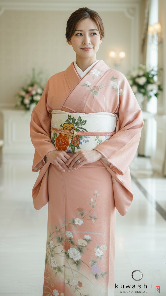 正絹訪問着レンタル】 10019 コーラルピンク地紋正絹訪問着袋帯