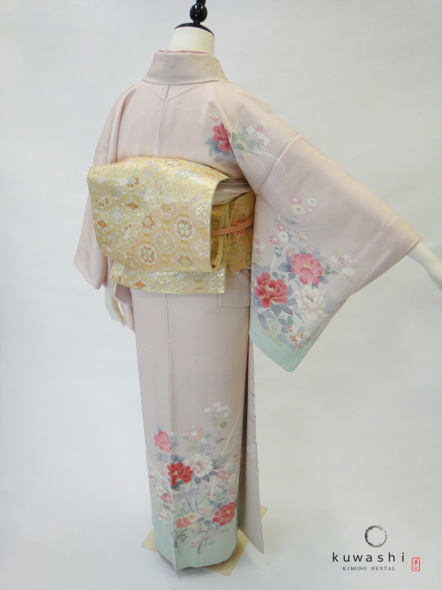 ピンクベージュ正絹訪問着　袋帯フルセット【レンタル　身長１５０cm～１６０ｃｍ】品番２００１２