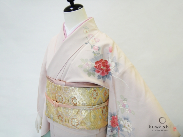 ピンクベージュ正絹訪問着　袋帯フルセット【レンタル　身長１５０cm～１６０ｃｍ】品番２００１２