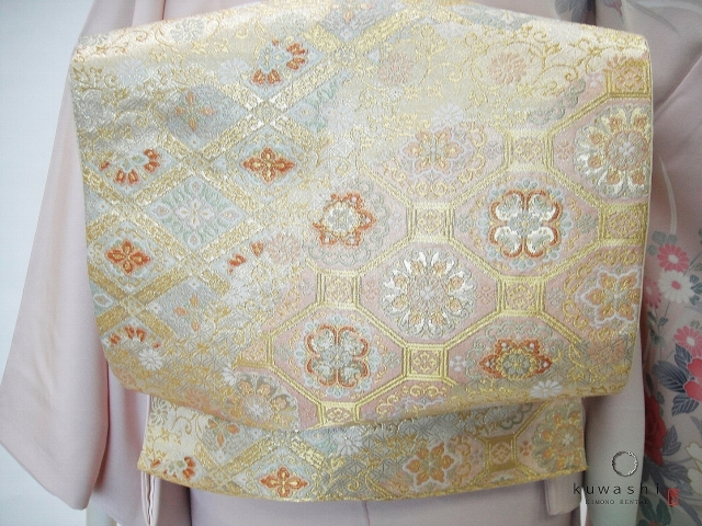 ピンクベージュ正絹訪問着　袋帯フルセット【レンタル　身長１５０cm～１６０ｃｍ】クワシ着物レンタル　品番２００１２