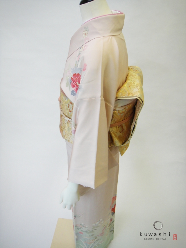 ピンクベージュ正絹訪問着　袋帯フルセット【レンタル　身長１５０cm～１６０ｃｍ】品番２００１２