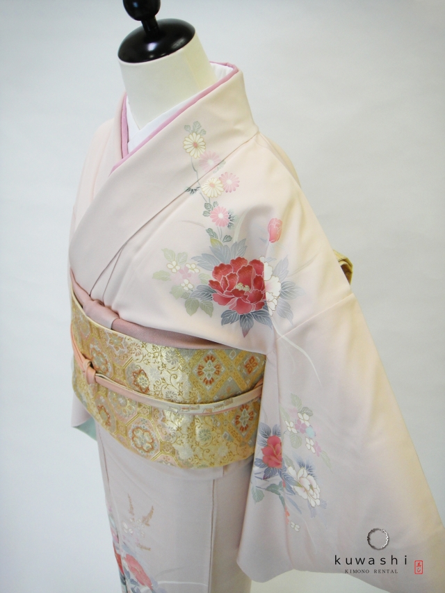 ピンクベージュ正絹訪問着　袋帯フルセット【レンタル　身長１５０cm～１６０ｃｍ】品番２００１２