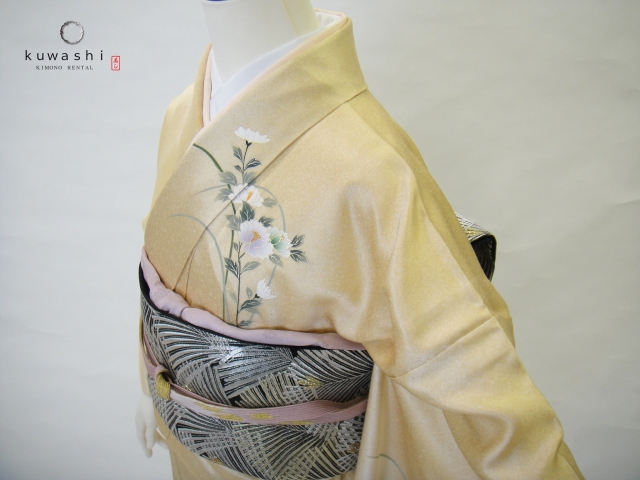 クワシ着物レンタル　ライトゴールド金彩単衣訪問着