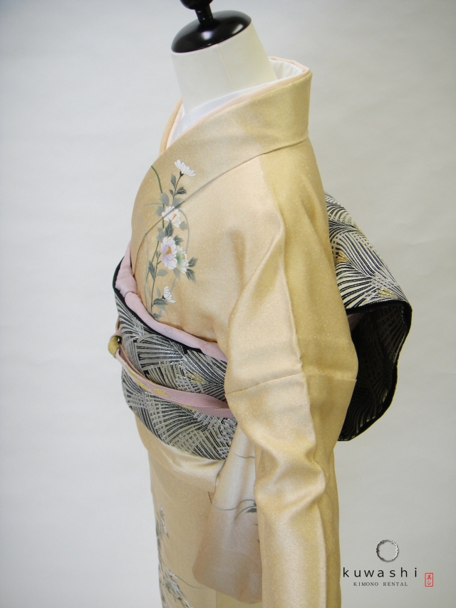 レンタル単衣着物】 20010 ライトゴールド金彩正絹訪問着 【往復