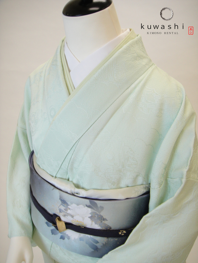 正絹色無地レンタル】 10033 ミントグリーン地紋正絹色無地 袋帯