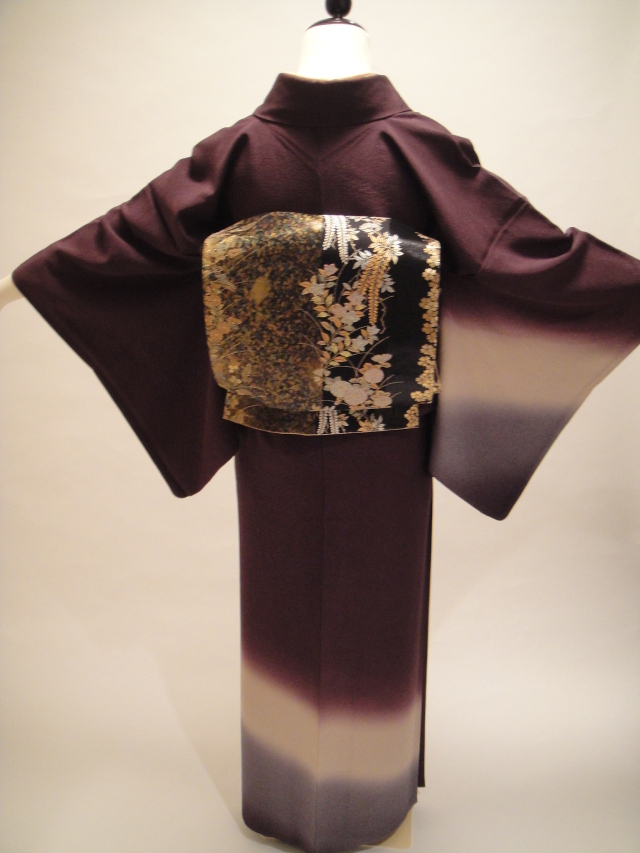 深紫三色ぼかし正絹付下訪問着　箔袋帯フルセット