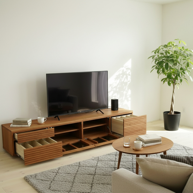 35％オフ!! 【ほぼ新品】【1年保証付き】無垢材使用テレビボード 風雅／FUUGA タイプ2-幅2100mm（ブラックチェリー）左2段/右1段