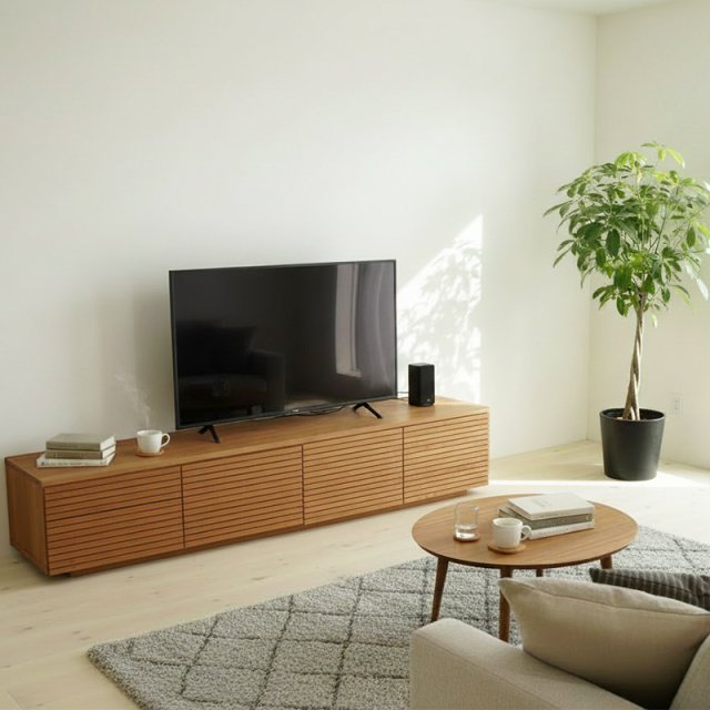 35％オフ!! 【ほぼ新品】【1年保証付き】無垢材使用テレビボード 風雅／FUUGA タイプ2-幅2100mm（ブラックチェリー）左2段/右1段