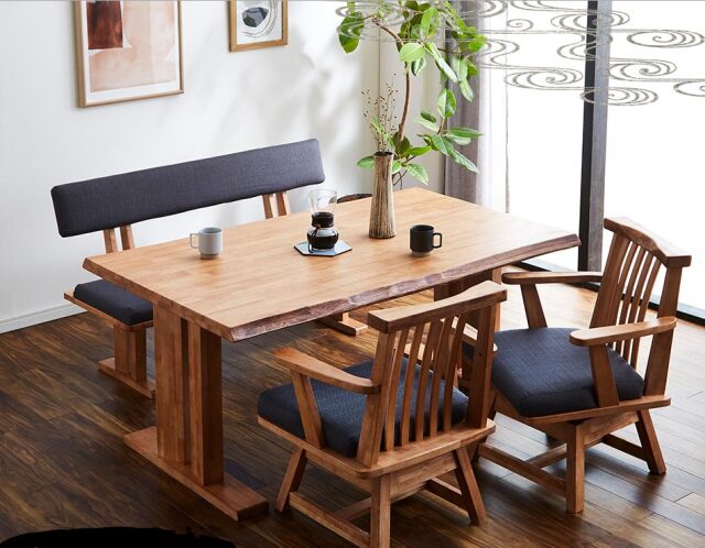 ダイニング6点セット　（180テーブル+160ベンチ+肘付回転チェア2脚+肘無回転チェア2脚）