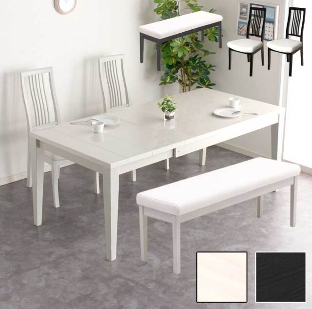 ダイニング4点セット　(130-180伸長テーブル + チェアx2脚 + ベンチ)