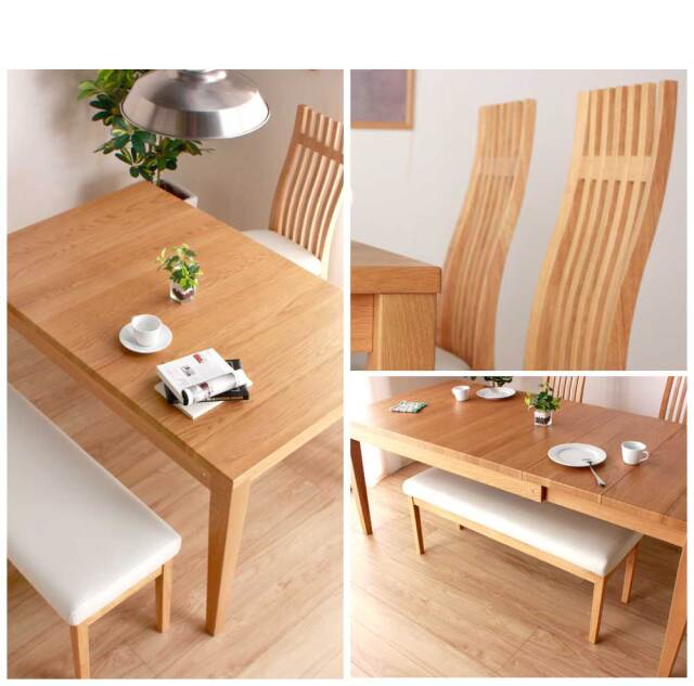 ダイニング4点セット　(130-180伸長テーブル + チェアx2脚 + ベンチ)
