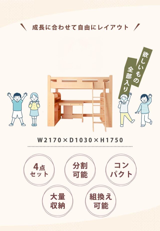 システムベッド　分割可能　4点セット（ベッド + デスク + 書棚2個）