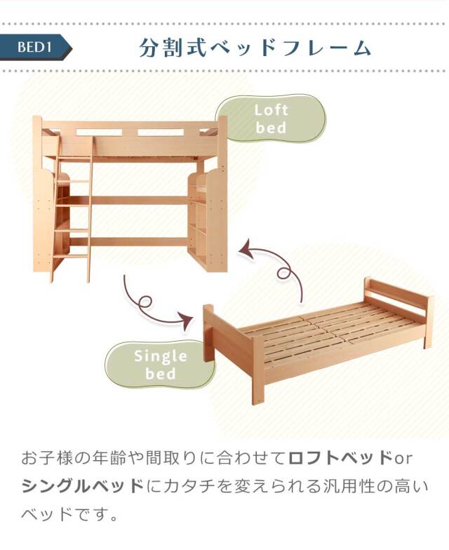 システムベッド　分割可能　4点セット（ベッド + デスク + 書棚2個）