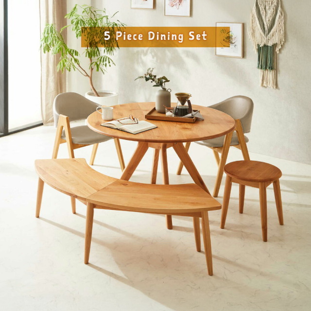 ダイニングセット　110丸テーブル　5点セット　（140半円ベンチ + スツール + チェア x2脚）