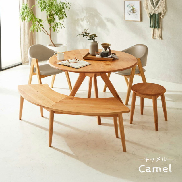 ダイニングセット　110丸テーブル　5点セット　（140半円ベンチ + スツール + チェア x2脚）