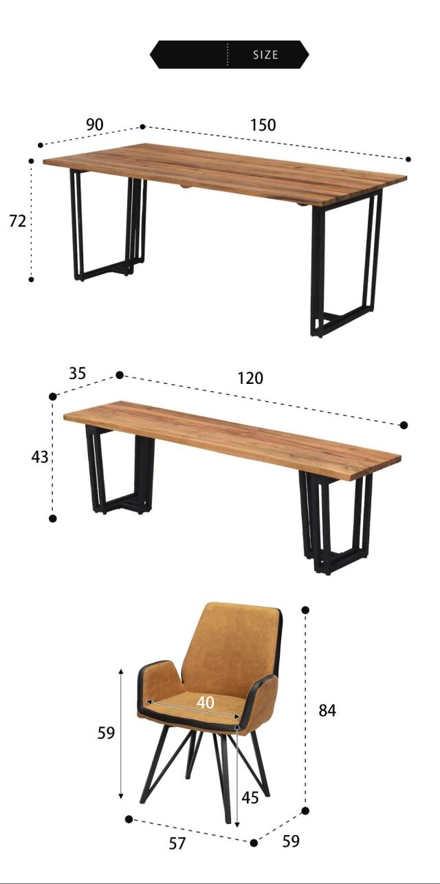 ダイニング4点セット　(150テーブル+120ベンチ+回転肘付チェア2脚)