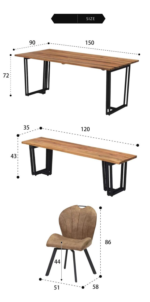 ダイニング4点セット　(150テーブル+120ベンチ+回転チェア2脚)