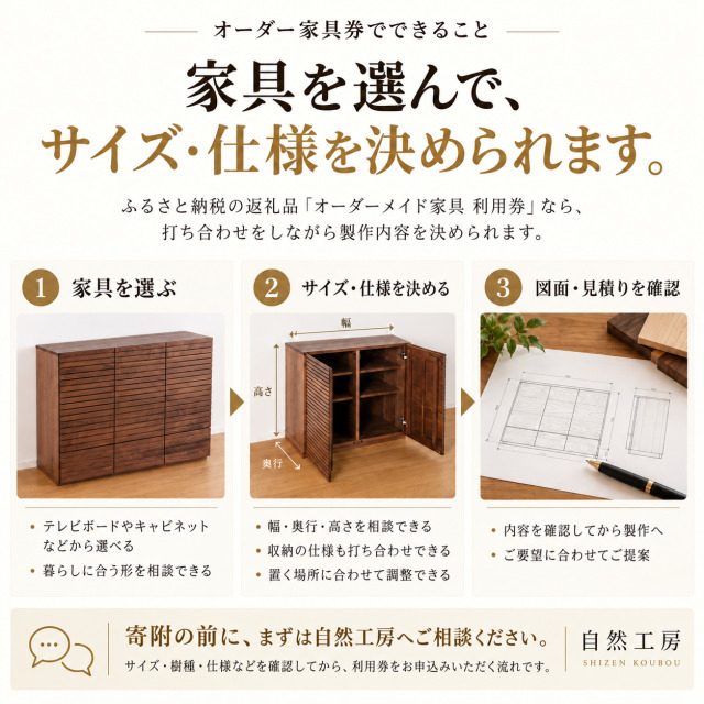 オーダー家具券でできること　家具を選んで、サイズ・仕様を決められます。ふるさと納税の返礼品「オーダーメイド家具 利用券」なら、打ち合わせをしながら製作内容を決められます。1 家具を選ぶ：テレビボードやキャビネットなどから選べる、暮らしに合う形を相談できる。2 サイズ・仕様を決める：幅・奥行・高さを相談できる、収納の仕様も打ち合わせできる、置く場所に合わせて調整できる。3 図面・見積りを確認：内容を確認してから製作へ、ご要望に合わせてご提案。寄附の前に、まずは自然工房へご相談ください。サイズ・樹種・仕様などを確認してから、利用券をお申込みいただく流れです。自然工房