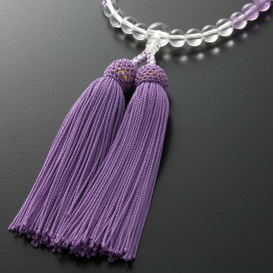 数珠 女性用 二連 紫水晶7mm グラデーション仕立 正絹蛍房(紫紺金杢) — 仏壇・仏具専門店 ぶつえいどう 女性用数珠 紫水晶グラデーション 7mm 水晶入 正絹頭付房