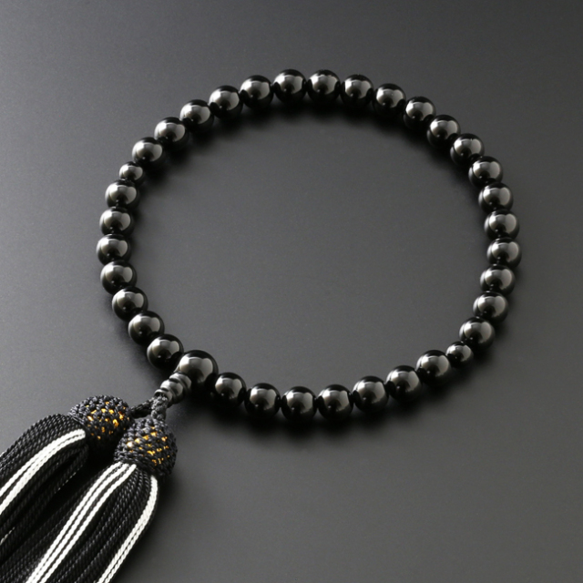 京都 数珠 販売｜正絹2色頭房 黒オニキス(8mm） （女性用）