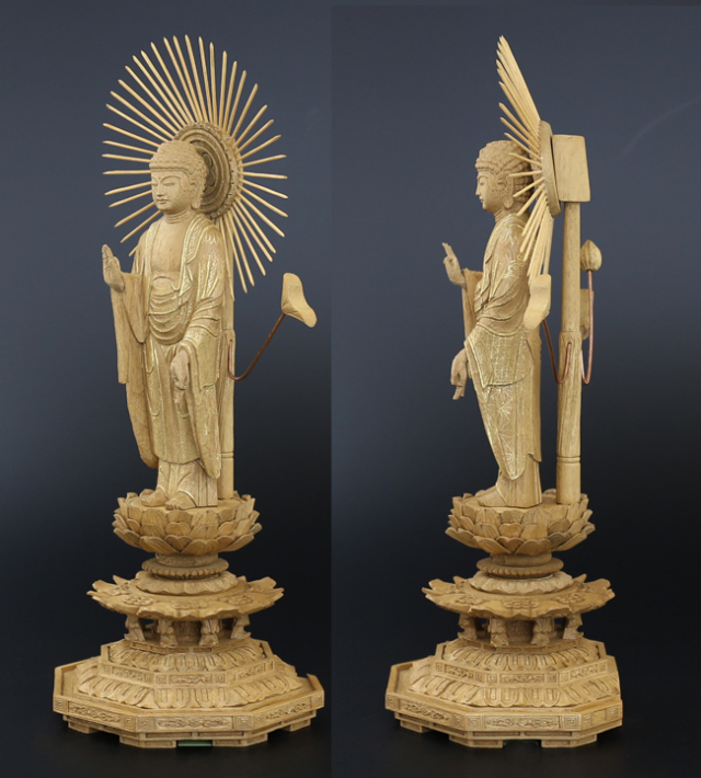 仏像 香木 八角台座 東立弥陀 金泥書 4寸