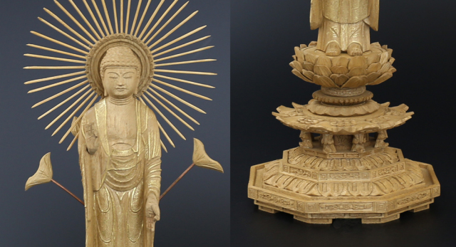 仏像 香木 八角台座 東立弥陀 金泥書 4寸