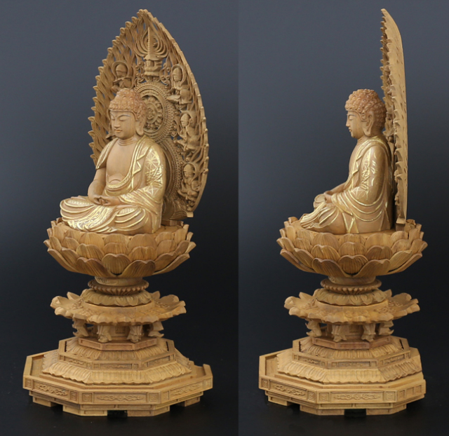 白檀　金泥書　座弥陀　仏像 仏像 白檀 八角台座 座弥陀 飛天 金泥書 2.5寸