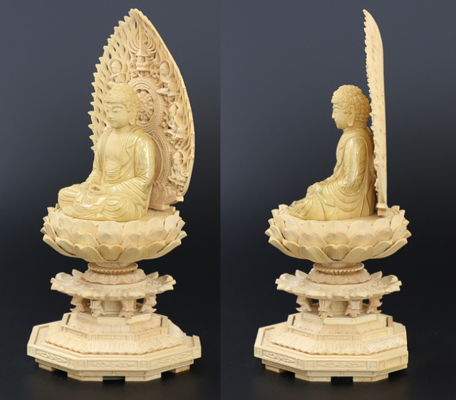 仏像 総ツゲ 八角台座 座釈迦 飛天 金泥書 1.8寸