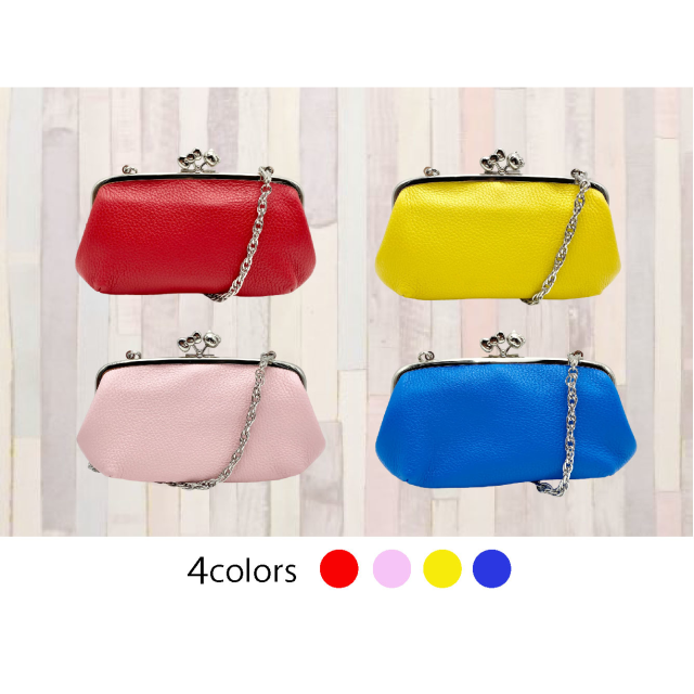 KT レザー長財布 チェーン付きがま口バッグ カラバリ