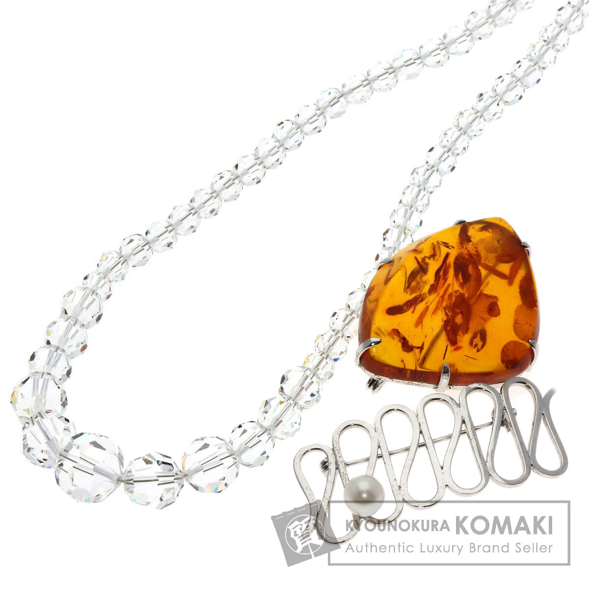 水晶 コハク 琥珀 ネックレス ブローチ 3点セット ネックレス