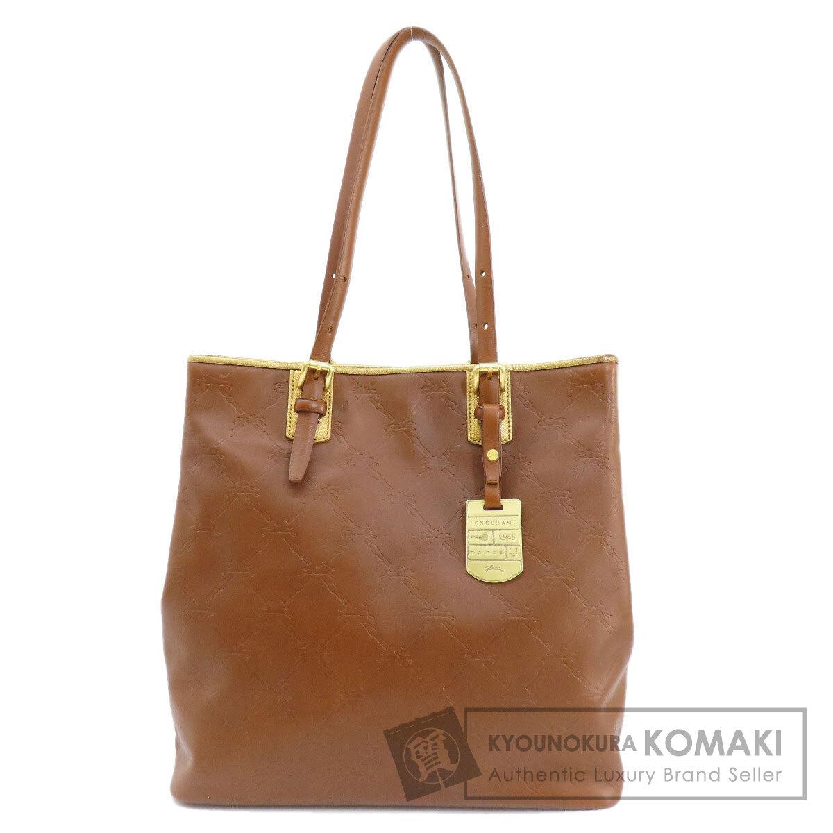 LONGCHAMP レザートートバッグ ブラウン 茶 ポーチ付き 金プレート Longchamp ロンシャン 総柄 トートバッグ レザー レディース