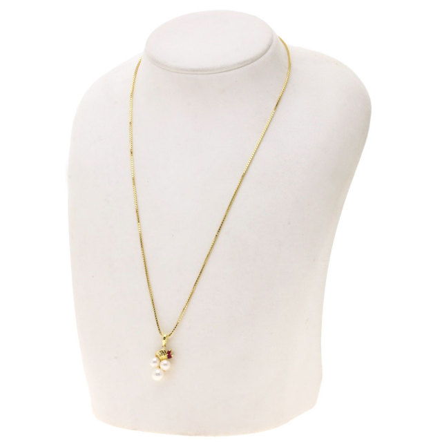 パール 真珠 ルビー ダイヤモンド ネックレス K18イエローゴールド 8.1  