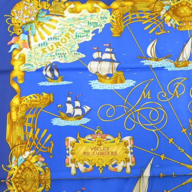 極美品 エルメス カレ90 至極 光の帆船 スカーフ シルク ゴールド ネイビー 