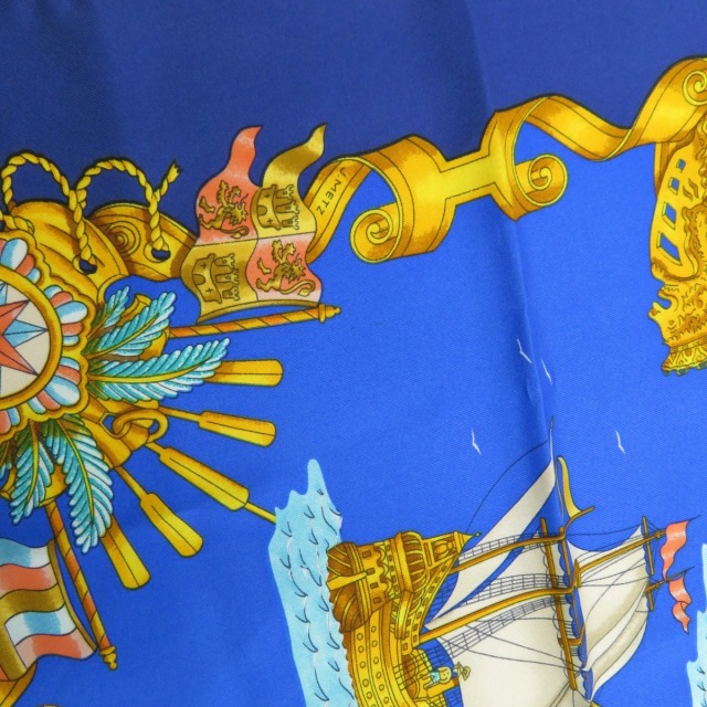 極美品 エルメス カレ90 至極 光の帆船 スカーフ シルク ゴールド ネイビー 