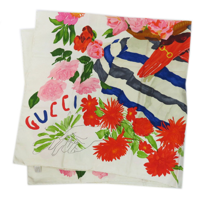 じ*ー様 GUCCIフラワースカーフ GUCCI グッチ レディース フラワーシルク スカーフ白地に縁取り