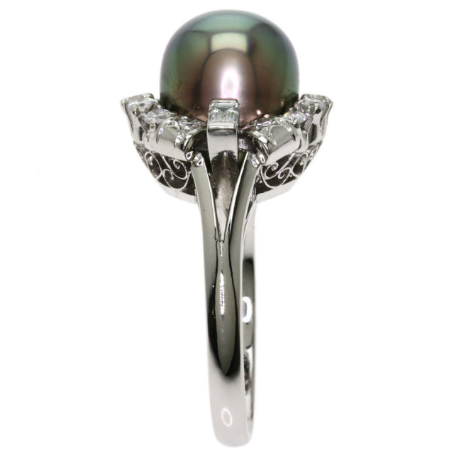 Pt900 プラチナ リング 黒蝶真珠 9.7mm 有用 ダイヤモンド 0.07ct 
