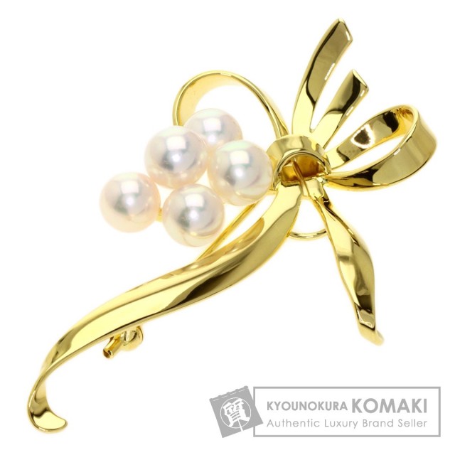 MIKIMOTO ミキモト パール 真珠 リボンモチーフ ブローチ K18イエロー 