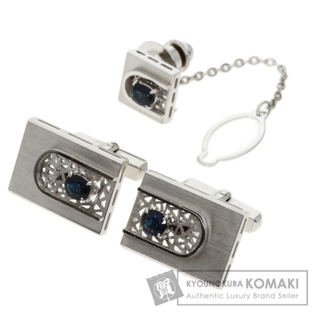 カフス・タイピン 2点セット サファイア カフス K14ホワイトゴールド  