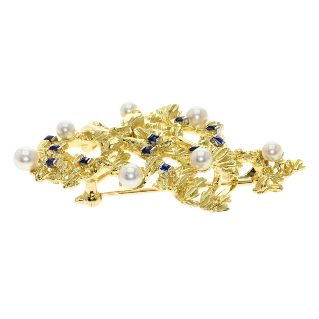 MIKIMOTO ミキモト パール 真珠 サファイア ブローチ K18イエロー 