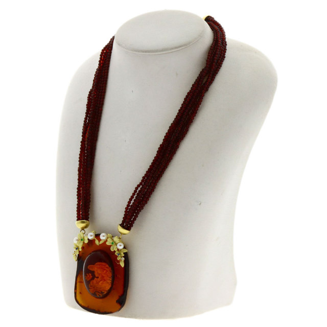 コハク 琥珀 パール 真珠 ダイヤモンド ネックレス K18イエロー