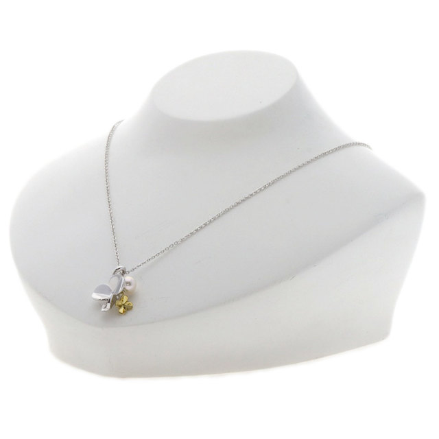 MIKIMOTO ミキモト クローバー パール 真珠 ネックレス シルバー/K18YG 