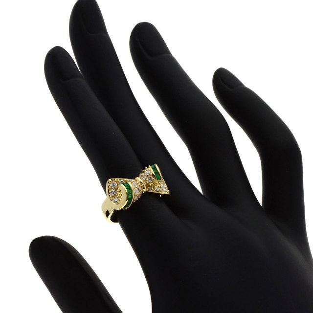 0.3ct リボンモチーフ エメラルド ダイヤモンド リング・指輪 K18  