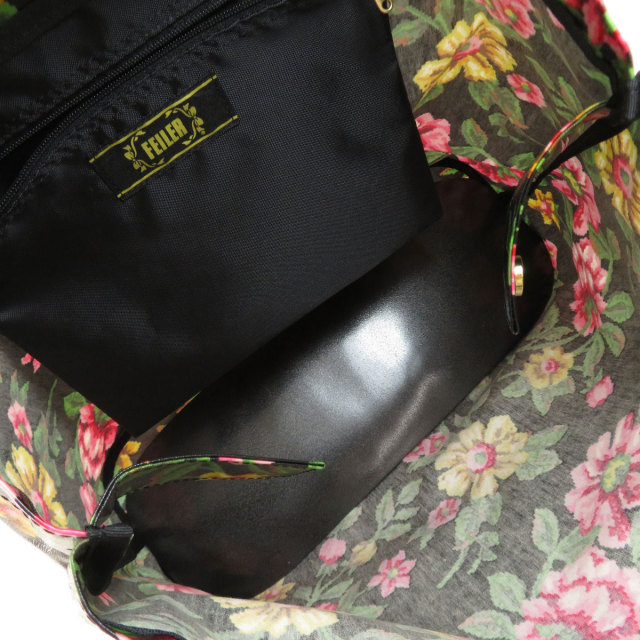 FEILER✩フェイラーお花地模様バッグ✩軽量✩ナイロン素材 FEILER フェイラー ナイロントートバッグ 黒 花柄 総柄 底板あり