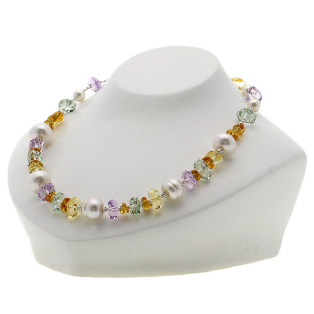 パール 真珠 マルチカラーストーン クォーツ ネックレス K18ホワイト  