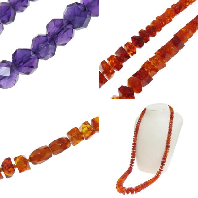 琥珀 コハク パール 水晶 6点セット ネックレス Amber 58.7g レディース 
