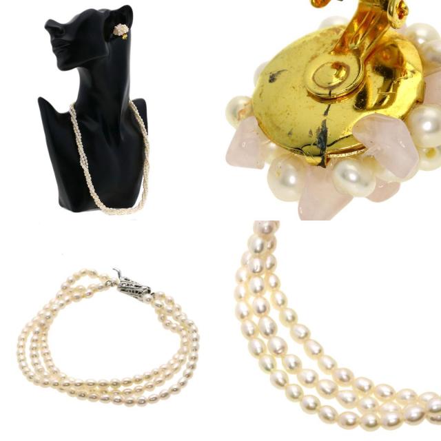 淡水パール 真珠 イヤリング ブレスレット3点セット ネックレス 金属製  