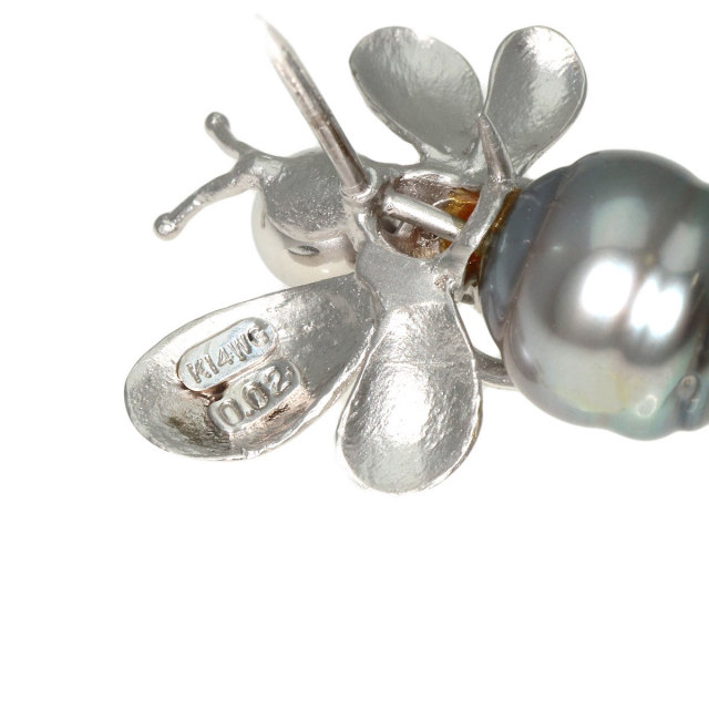 0.02ct 蜂モチーフ パール 真珠 ダイヤモンド ブローチ K14ホワイト 