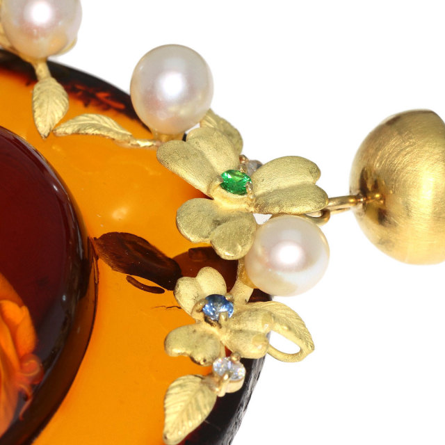コハク 琥珀 パール 真珠 ダイヤモンド カラーストーン 7連 ネックレス  